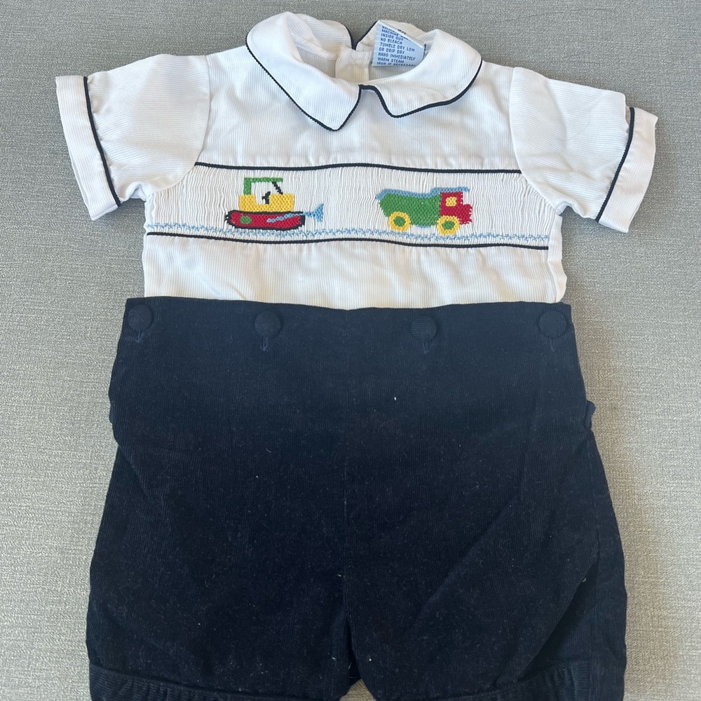 Baby Boy 6mo Vtg Smocked White Blue Trucks Church Christmas Jon Jon Outfit